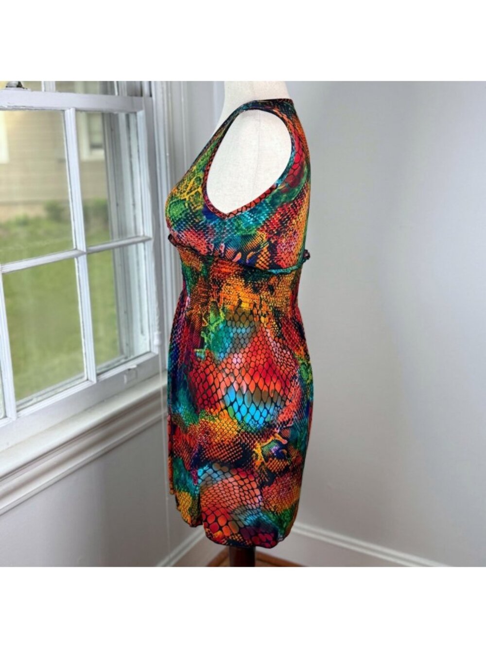 Rainbow Neon Snakeskin Smocked Fit and Flare Beach Mini Dress One Size Y2K Rave - Picture 5 of 10